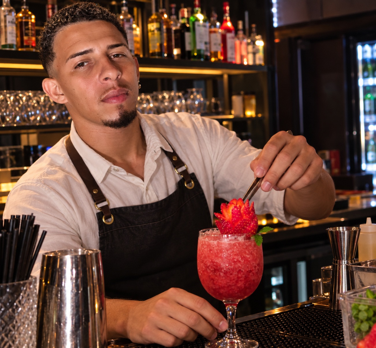Douglas finalizando a decoração de um drink de morango